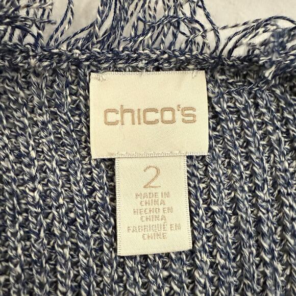 Chico’s Blocked Lace Denalia Cardigan Size 2/L Blue Patchwork Fringe Long Line - Picture 7 of 12